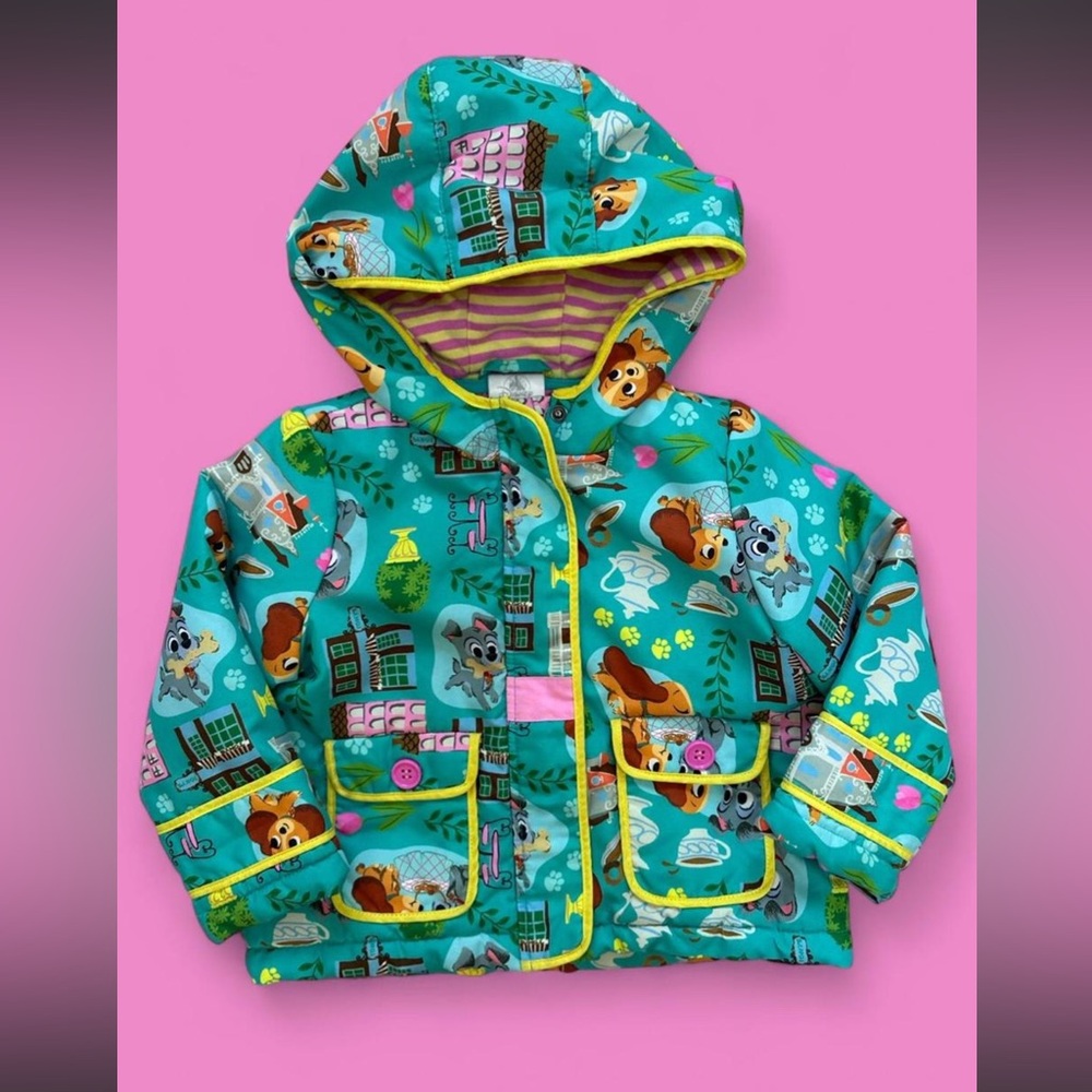 Colorful Teal Disney Lady and the Tramp French Cafe Scene Hooded Girls Jacket